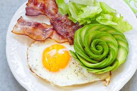 breakfast plate of fried egg, bacon, avocado
