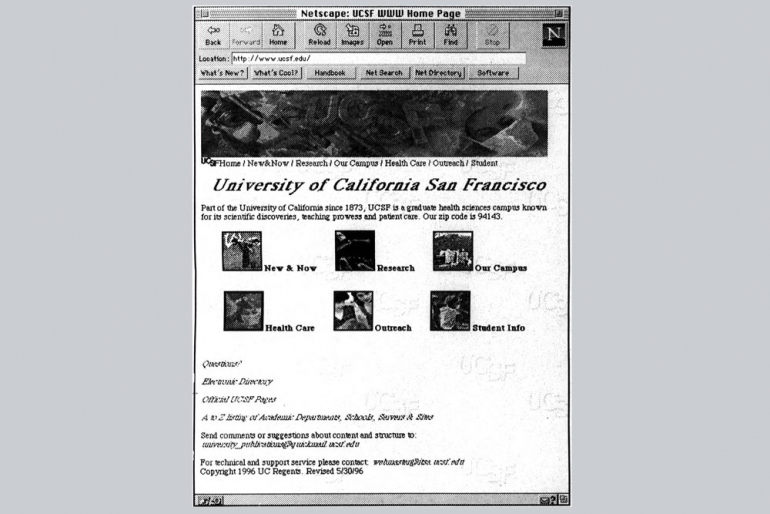 A black-and-white screenshot of UCSF.edu that appeared in the Synapse student newspaper in July 1996