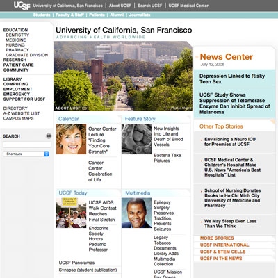 screenshot of UCSF.edu homepage in 2006