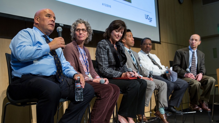 Esteban González Burchard, MD, MPH, speaks during the Chancellor's Diversity Forum. Also sitting on the panel were Erica Monasterio, RN, MN, FNP; Susan Schultz, MBA; Jeff Chiu, MA; Talmadge King, MD; and Dan Lowenstein, MD, Executive Vice Chancellor and Provost.
