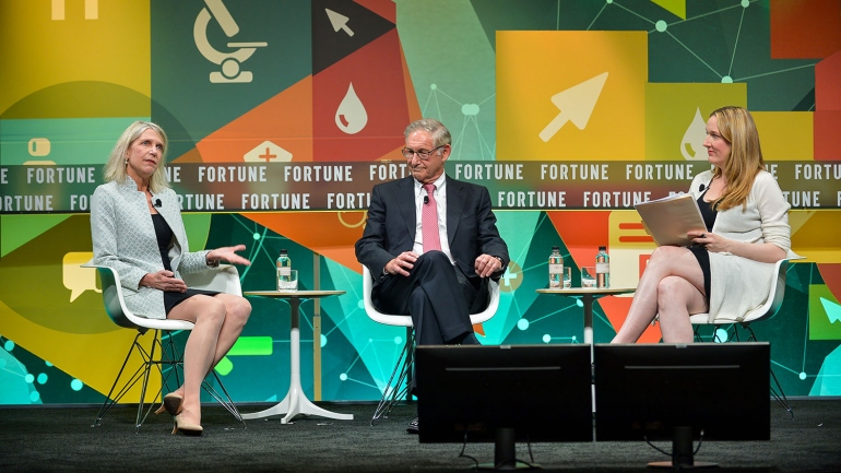 Diane Havlir, Larry Corey, and Siobhan O'Connor on stage at Fortune's Brainstorm Health Conference