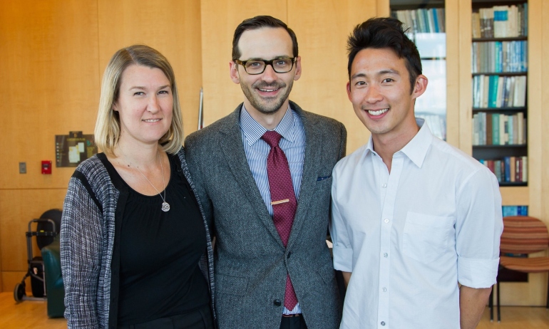 David M. Naeger, MD, poses for a photograph with colleagues Emma Webb, MD, with the Department of Radiology, and Daniel Kim with the Gladstone Institute.