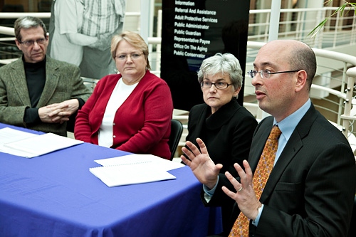 Participating in a Feb. 25 press conference on Alzheimer’s and dementia are, from left, Jay Luxenberg, MD, medical director of the Jewish Home, Kathy Kelly, executive director of Family Caregiver Alliance, Anne Hinton, director of the San Francisco Department of Aging and Adult Services and Adam Boxer, MD, PhD, director of the UCSF Memory and Aging Center’s Alzheimer’s and frontotemporal dementia clinical trials.