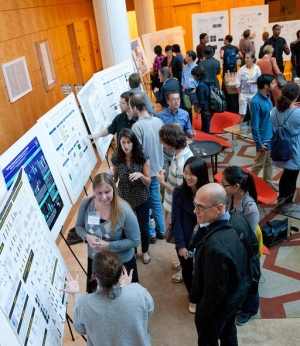 Symposium attendees browse poster presentations on QB3  aging research in Genentech Hall at UCSF's Mission Bay  campus
