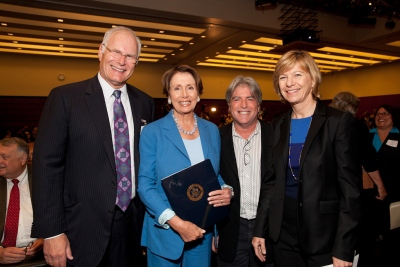 From left to right: UCSF Medical Center CEO Mark Laret, House Minority Leader  Nancy Pelosi, UCSF Executive Vice Chancellor and Provost Jeffrey Bluestone,  and UCSF Chancellor Susan Desmond-Hellmann.