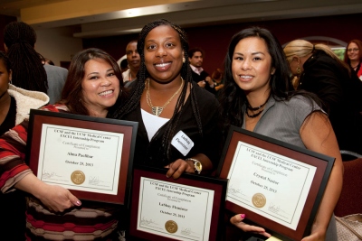 From left: Alma Paclibar, LaShay Flemister and Crystal Nastor celebrate at the EXCEL program graduation, held at Mission Bay Conference Center