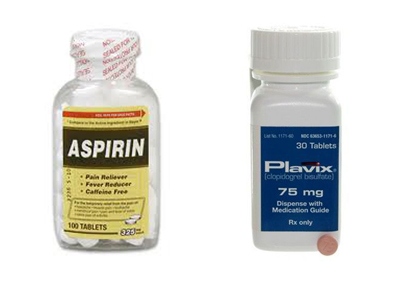a bottle of Aspirin next to a bottle of Plavix