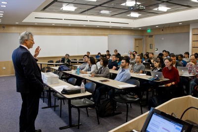 G. Steven Burrill, chief executive officer of Burrill & Company, a global life sciences investment firm based in San Francisco, talks to students.