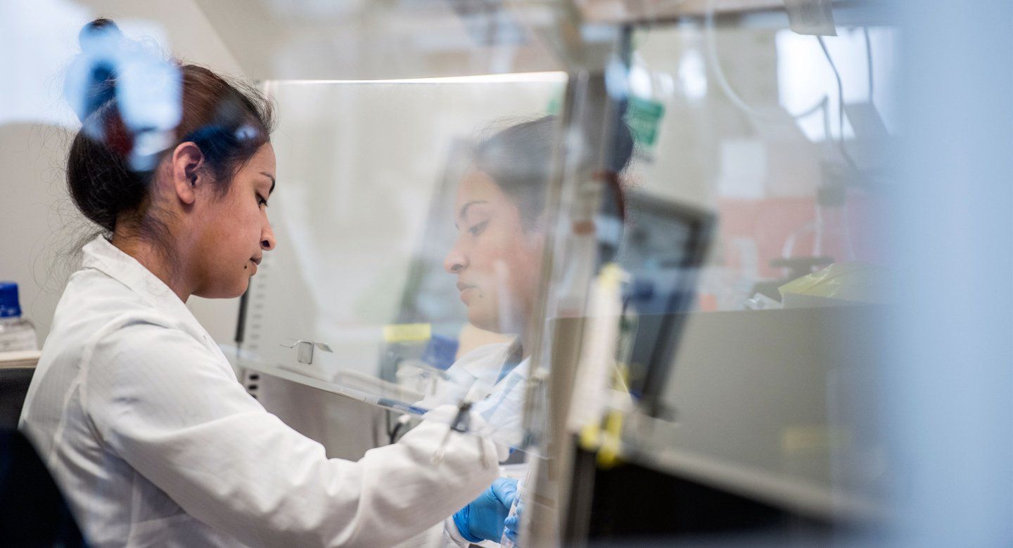 A female Hispanic researcher wearing a lab coat works in a laboratory