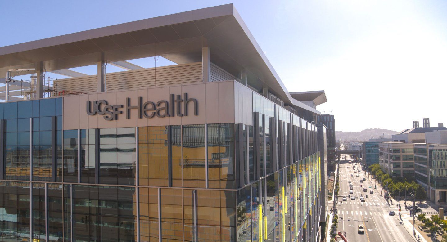 An aerial view of a UCSF Health hospital at the Mission Bay Medical Center