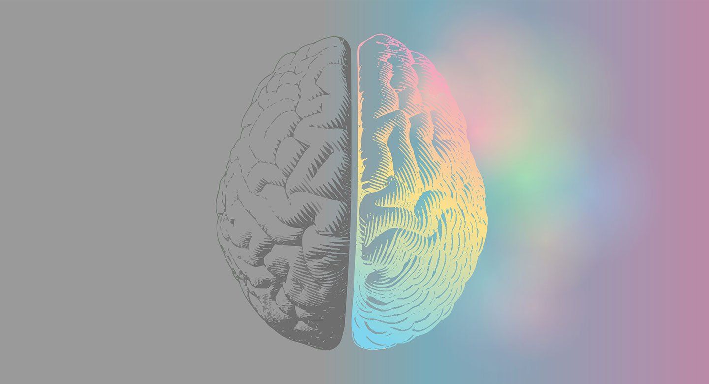 An illustration of the brain, with the right side showing a mix of colors