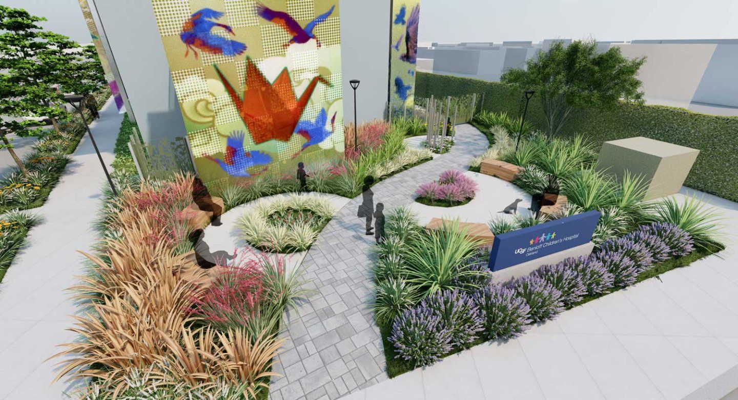 A computer rendering of a garden in front of a clinic. A UCSF Benioff Children's Hospital sign is on a garden bed, and a mural of birds and and origami swan is on the clinc's wall.