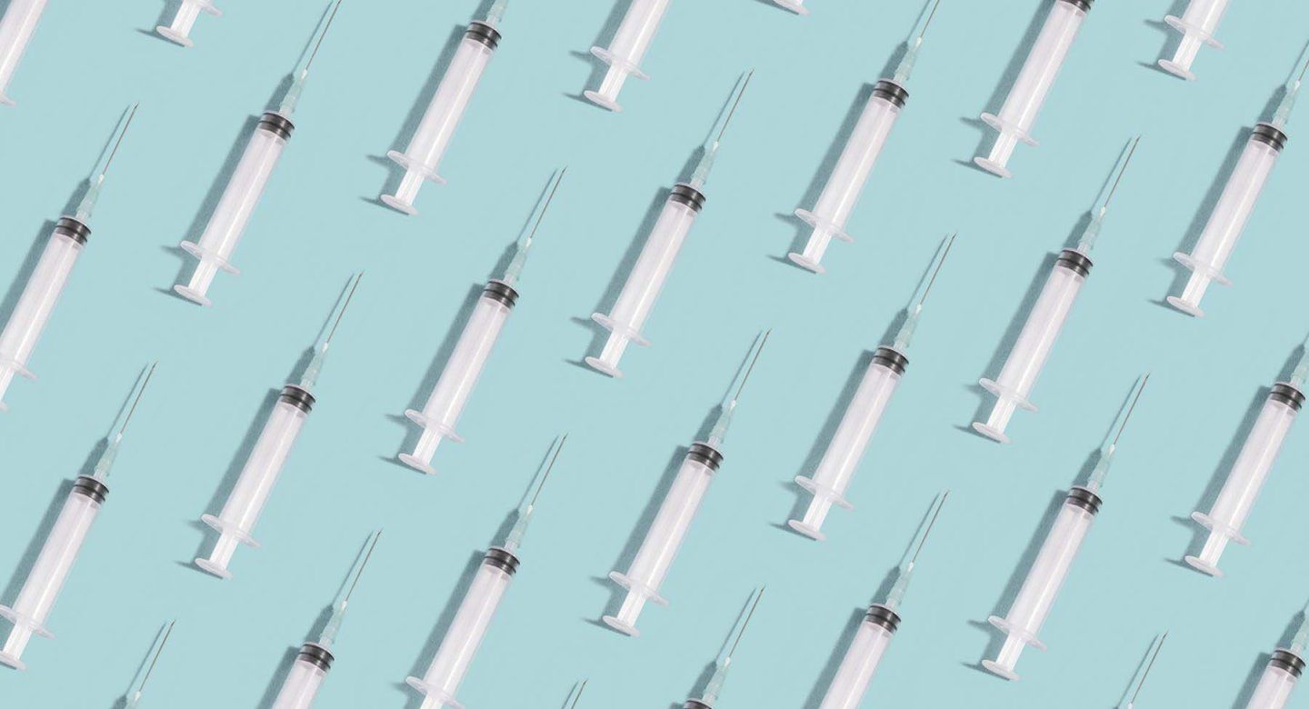 Injection needles in a row, forming a pattern.