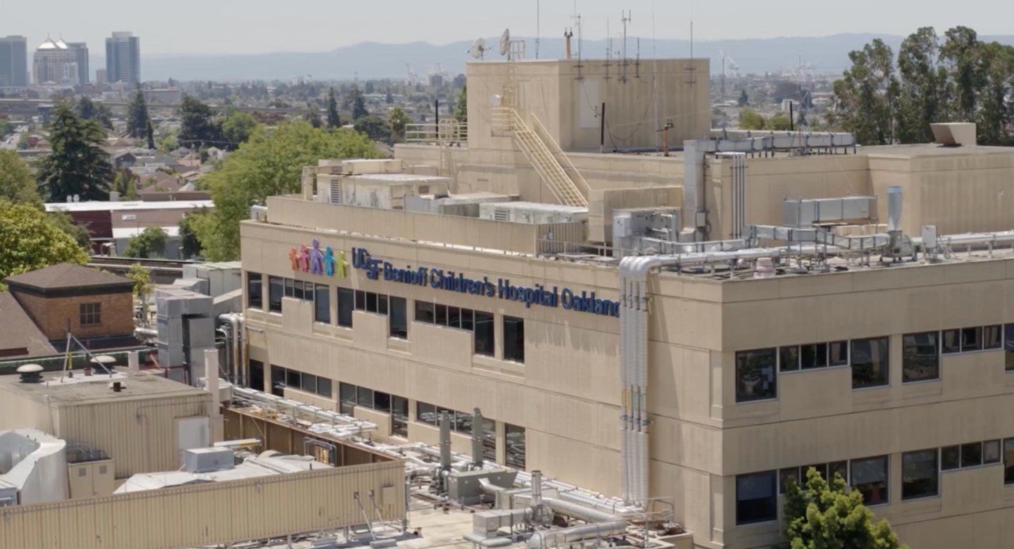 An aerial shot of Benioff Children's Hospital, Oakland.