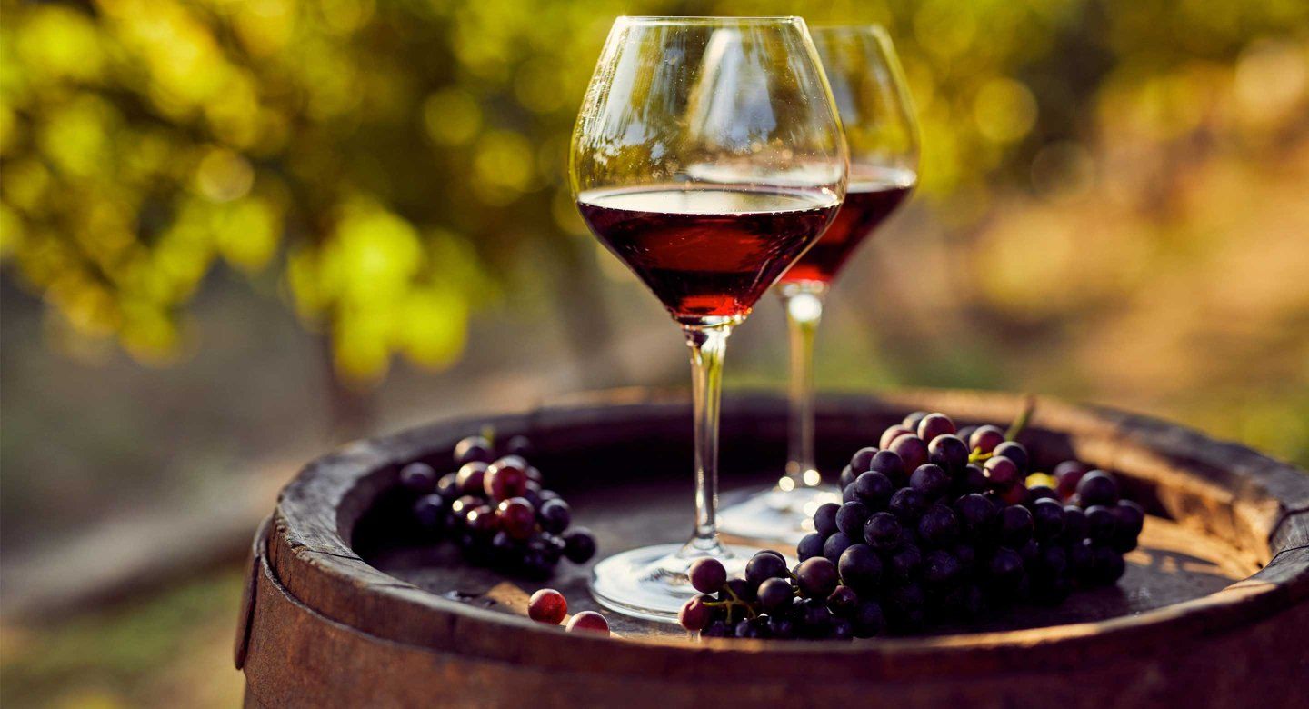 Two glasses of red wine and grapes sit on a barrel in a vineyard.