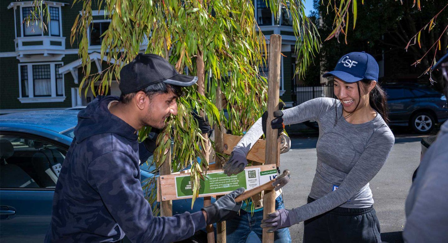 Two volunteers, a young woman and man, plant a small tree on a sidewalk in San Francisco under a sunny blue sky.