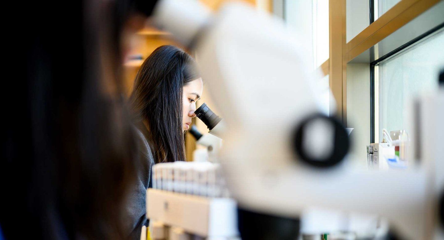 A young female researcher of Asian descent looks into a microscope in a lab at UCSF.