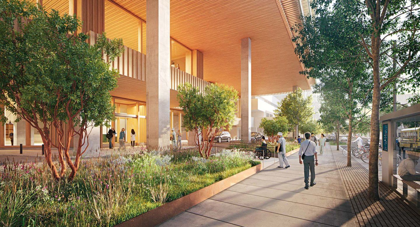 A rendering of people moving in and out of the new hospital featuring banks for flowers and a tall terraced mezzanine.