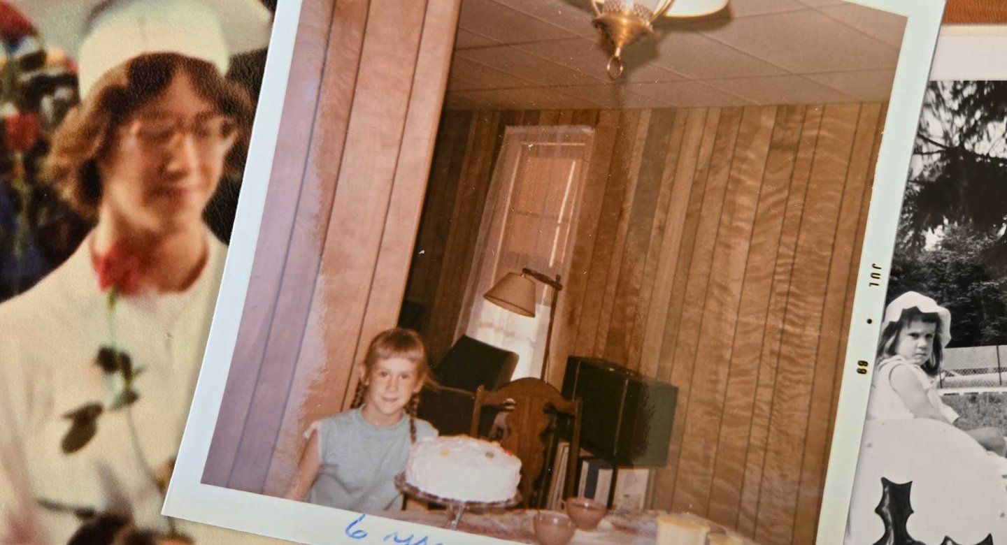 A collage of three photos of Debbie Menzies throughout her childhood and early adulthood.