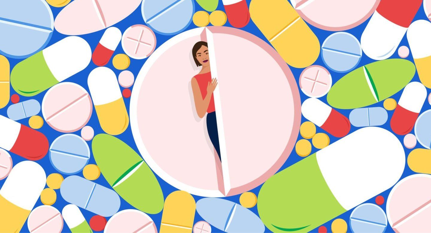 A woman stepping out from a split pill, framed by a collage of colorful medications.
