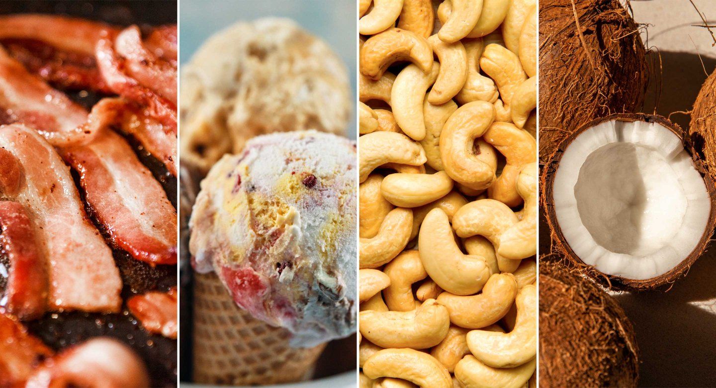 A composite photo showing foods with saturated fat, like bacon, ice cream, cashews, and coconut.