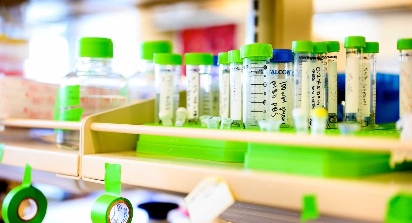 Lab equipment sits on a shelf at a lab at U C S F.
