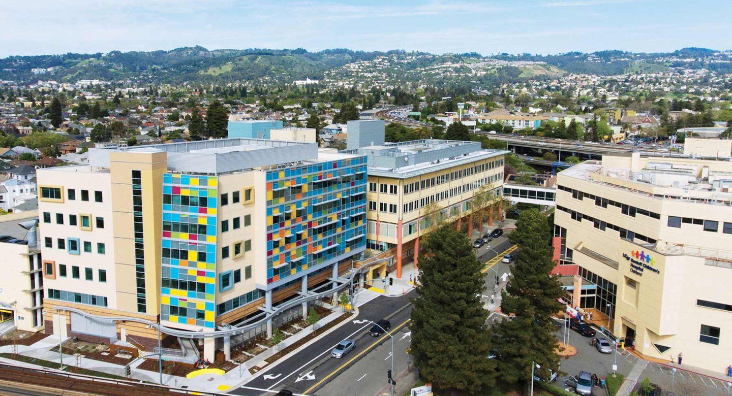 An aerial view of the U C S F Benioff Children's Oakland campus.