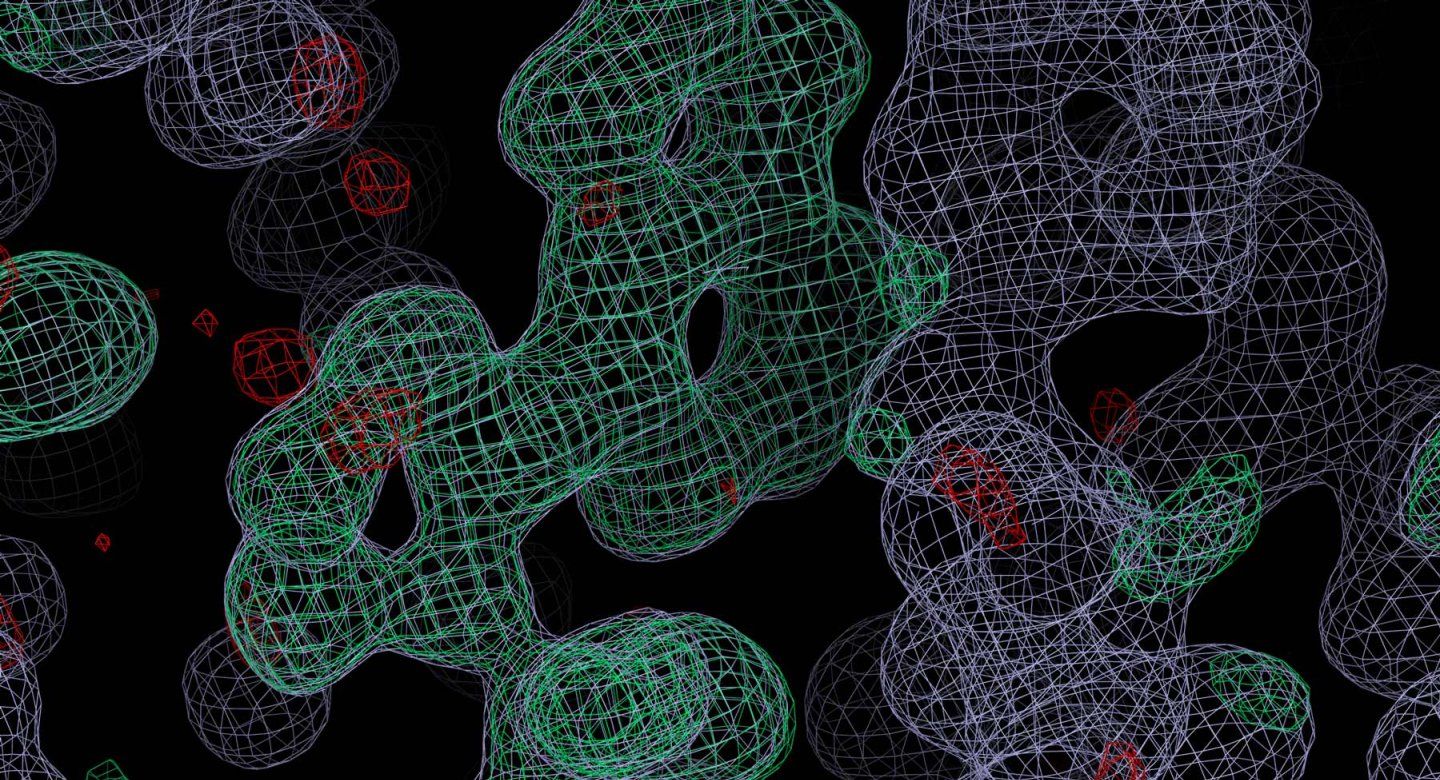 3D computer rendering of interconnected molecular structures shown as wireframe meshes.