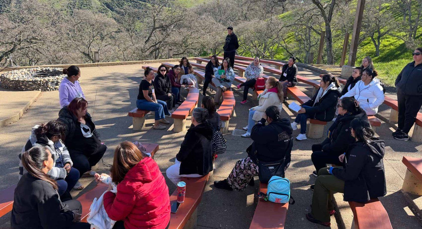 A group of people sit in an outdoor ampitheater in Northern California.