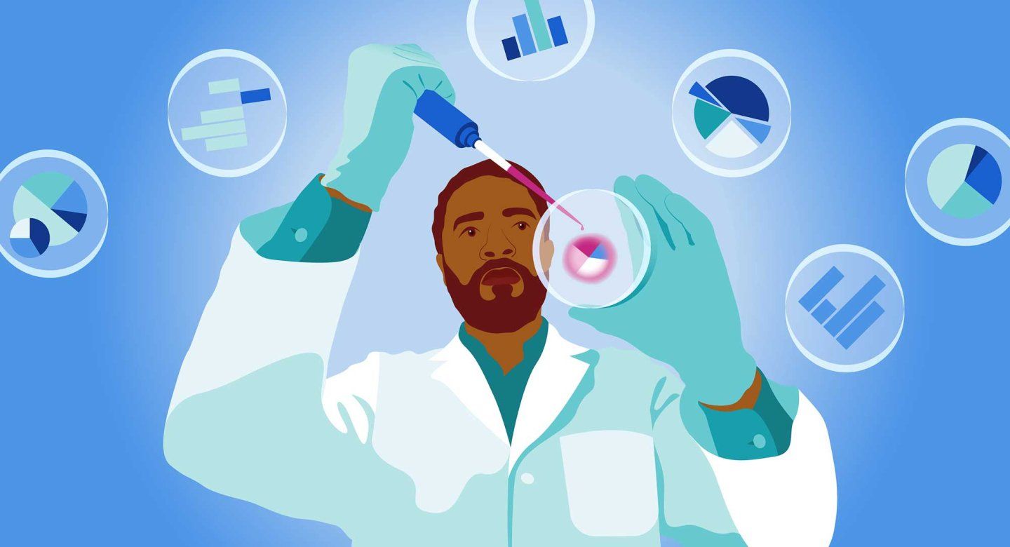 A conceptual graphic illustration showing a scientist using petri dishes to test scientific samples, with snippets of data visualizations around him.
