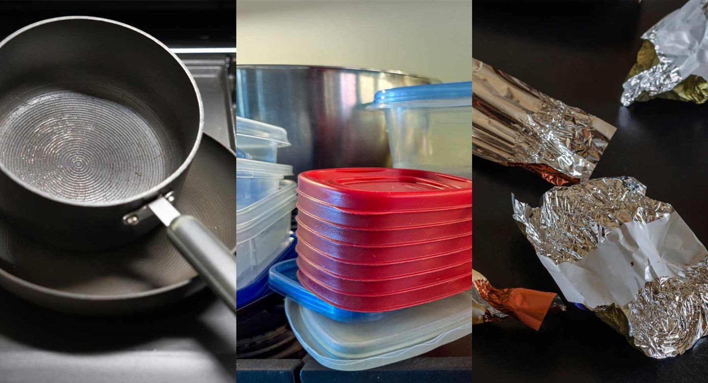 A composite images of items that contain P F A S forever chemicals, including non-stick cookware, plastic containers, and food wrappers.