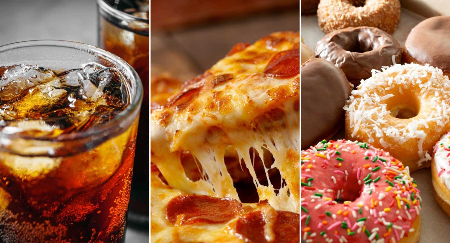 A composite image showing highly processed foods such as soda, pizza, and donuts.