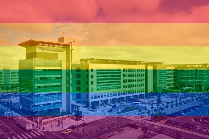 UCSF Mission Bay Medical Center photo with rainbow flag superimposed over it