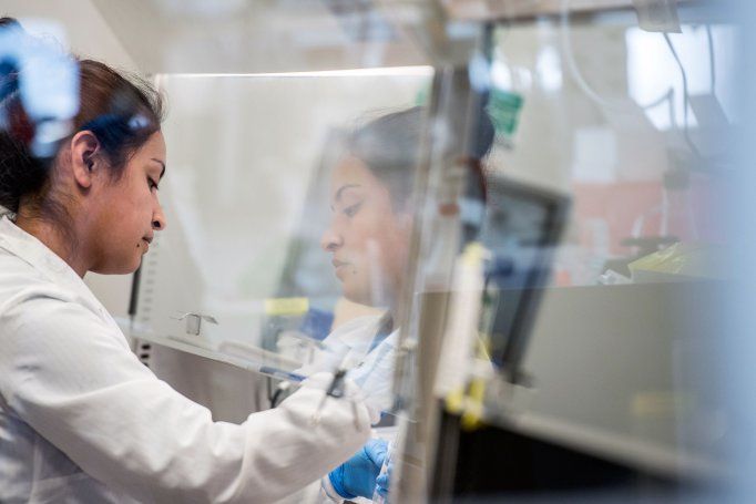 A female Hispanic researcher wearing a lab coat works in a laboratory