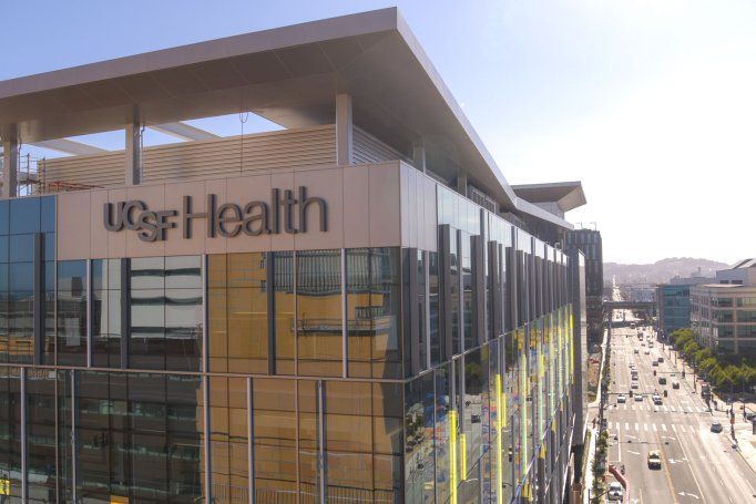An aerial view of a UCSF Health hospital at the Mission Bay Medical Center
