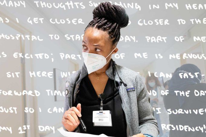 A new medical resident named Kelechi Okapara, who is a young Black woman, wears a KN-95 mask and black medical scrubs and holds a notebook while she takes notes. In the backround is handwriting that shows her inner thoughts as she leaves to start her first day of residency.
