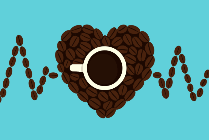 A conceptual illustration showing a heart and a heartbeat both made up of coffee beans, with a cup of coffee in the center.