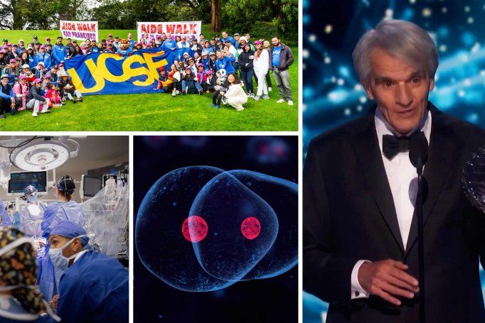 A composite image of different important events at U C S F in 2025, including AIDS walk, surgical procedures, scientific research, and Stephen Hauser receiving the Breakthrough Prize.