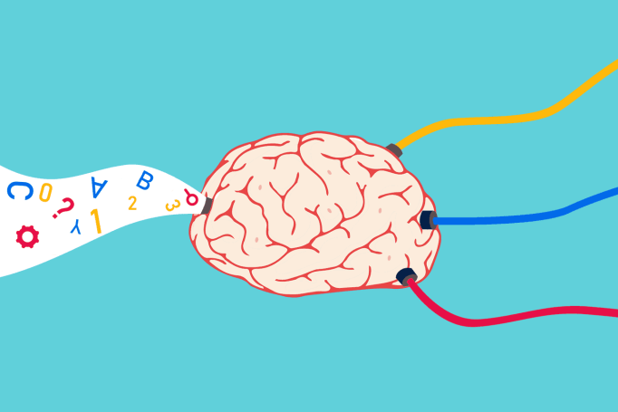 A graphic illustration showing the concept of learning, where letters, numbers, and symbols are entering a brain.