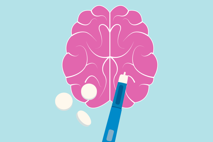 A graphic illustration showing a brain and G L P 1 drugs, conveying that G L P 1s have an effect on neurological health.