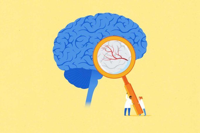 A conceptual illustration showing two scientists holding up a large magnifying glass to a brain, signaling to neurological study.