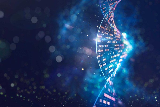 Illustration of a glowing DNA double helix with highlighted genetic markers on a dark blue background.