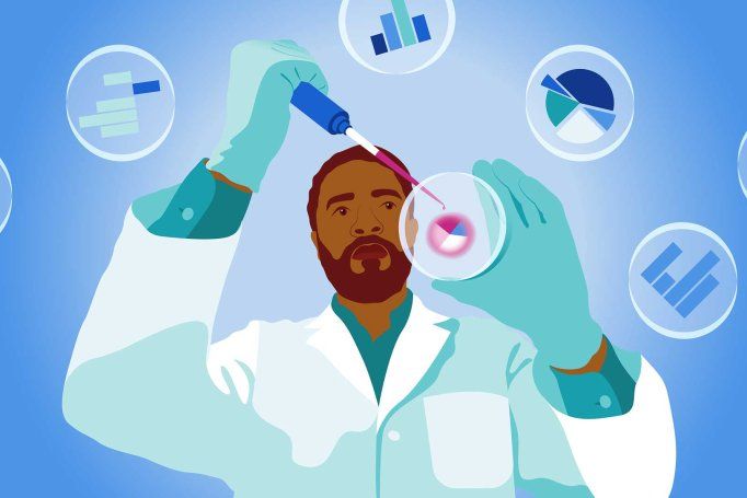 A conceptual graphic illustration showing a scientist using petri dishes to test scientific samples, with snippets of data visualizations around him.