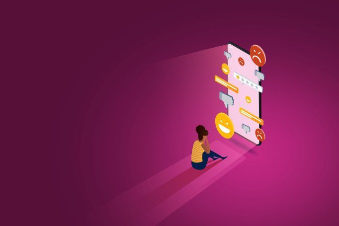 A graphic illustration depcting the concept of depression caused by social media, where a young girl sits dejectedly in front of a large phone displaying social media notifications.