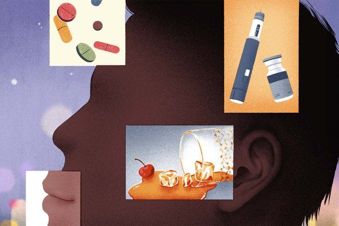 A stylized illustration of the side profile of a person with floating images around the head showing pills, a GLP-1 injector pen and medicine bottle, spilled alcoholic drink with ice cubes and a cherry, and a lit cigarette emitting smoke.