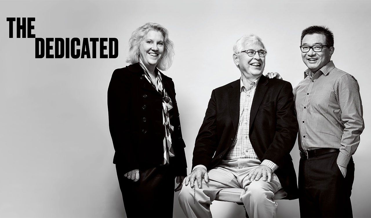 Black and white portrait of Michele Pelter (left), David Mortara (center), and Xiao Hu (right); text on image reads “The Dedicated”