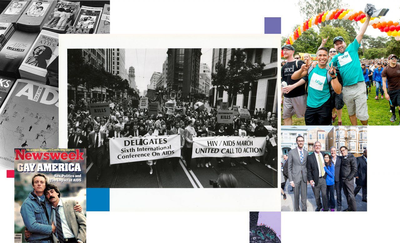 A collage of images from the history of the AIDS epidemic showing people marching through the streets holding banners, a Newsweek cover focusing on Gay America, pamphlets on AIDS in black and white, people jumping for joy at a recent AIDS Walk, a press conference by Jeff Sheehy and microscopy of HIV
