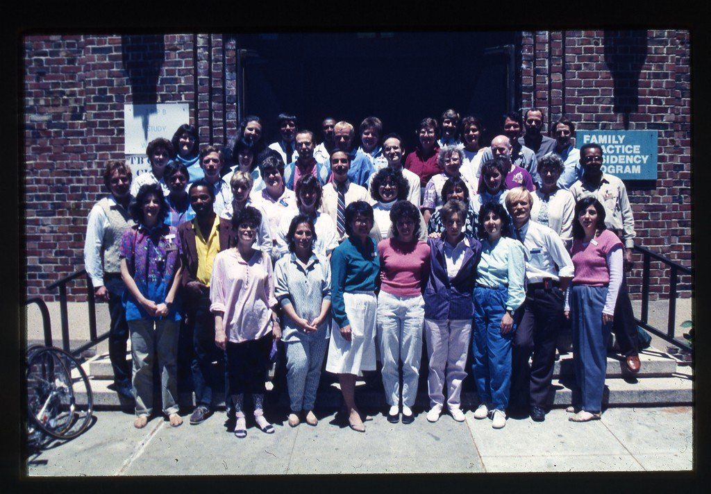 The staff of SFGH Wards 84 and 86 pose for a photo outside in 1985