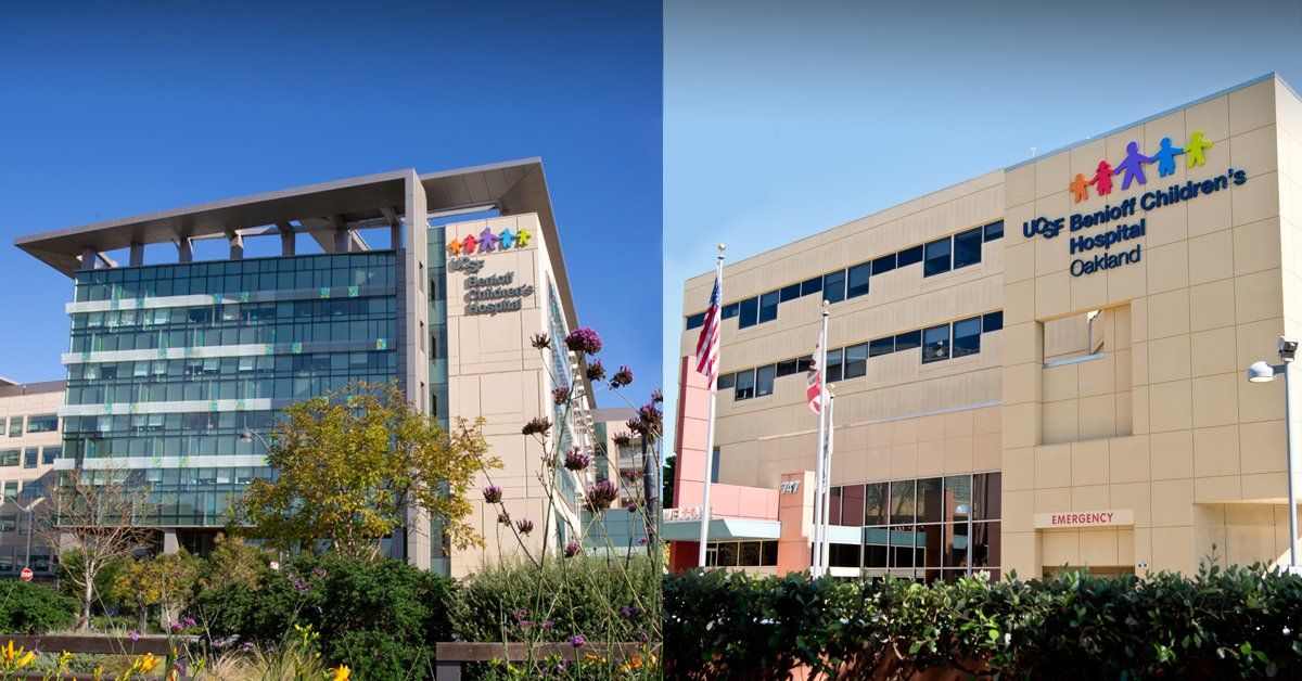 split image of exterior of UCSF Benioff Children's hospitals San Francisco and Oaklan