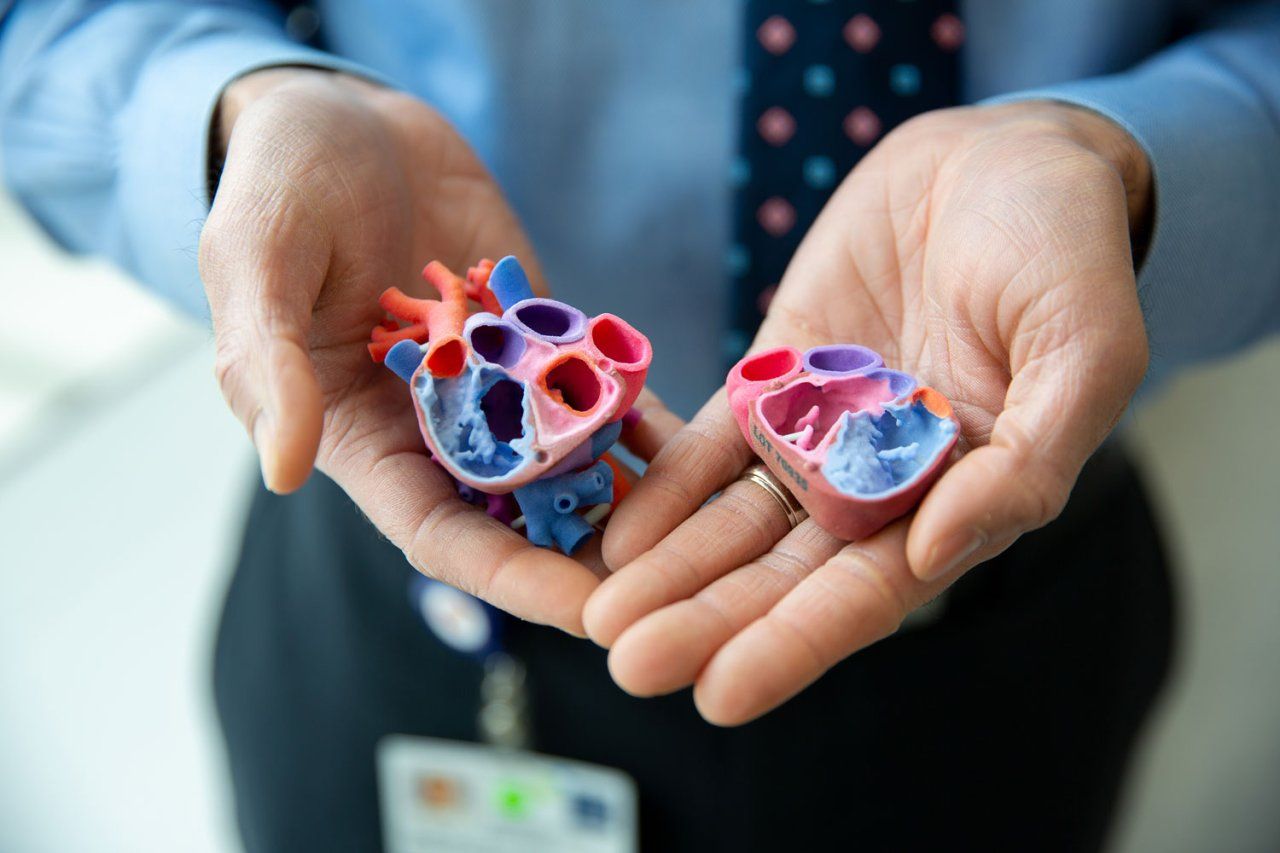 A closeup of two hands hold two halves of a 3D printed heart.